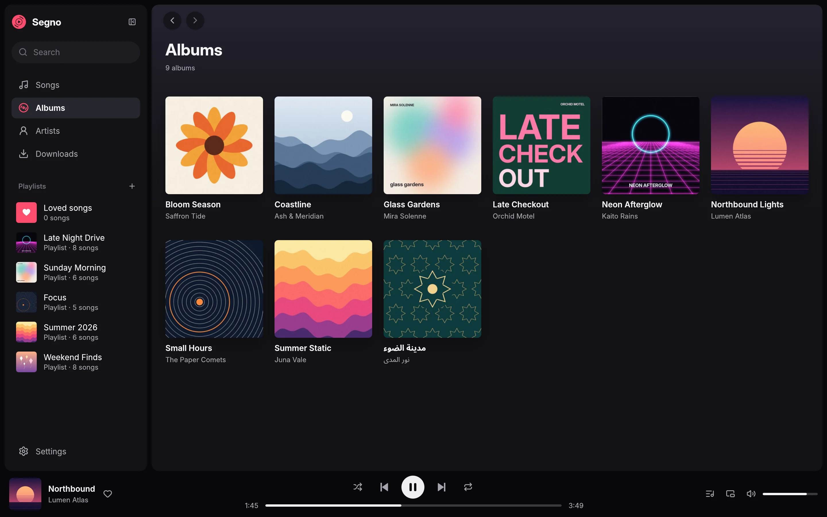 Segno's Albums view: a grid of album covers with the sidebar showing Songs, Albums, Artists, Downloads and playlists