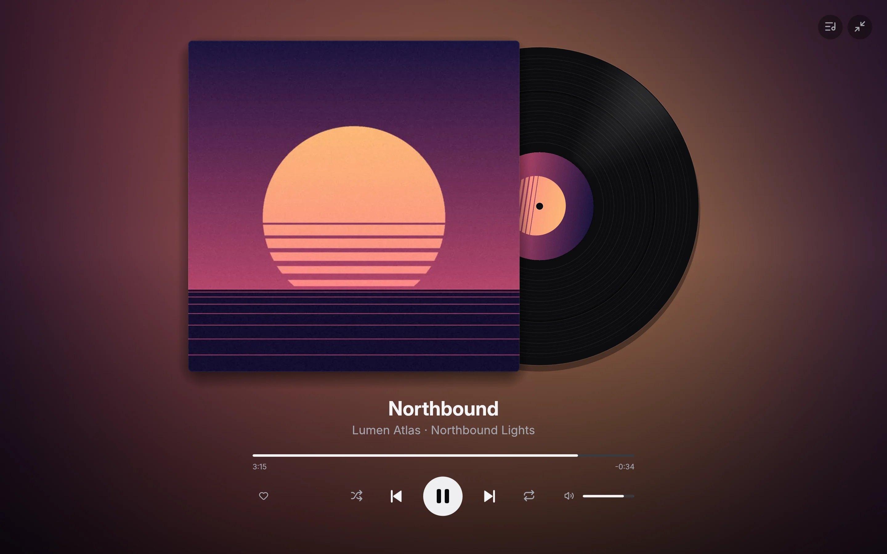 Segno's full-screen Now Playing view: album art beside a vinyl record, with the song title and playback controls below