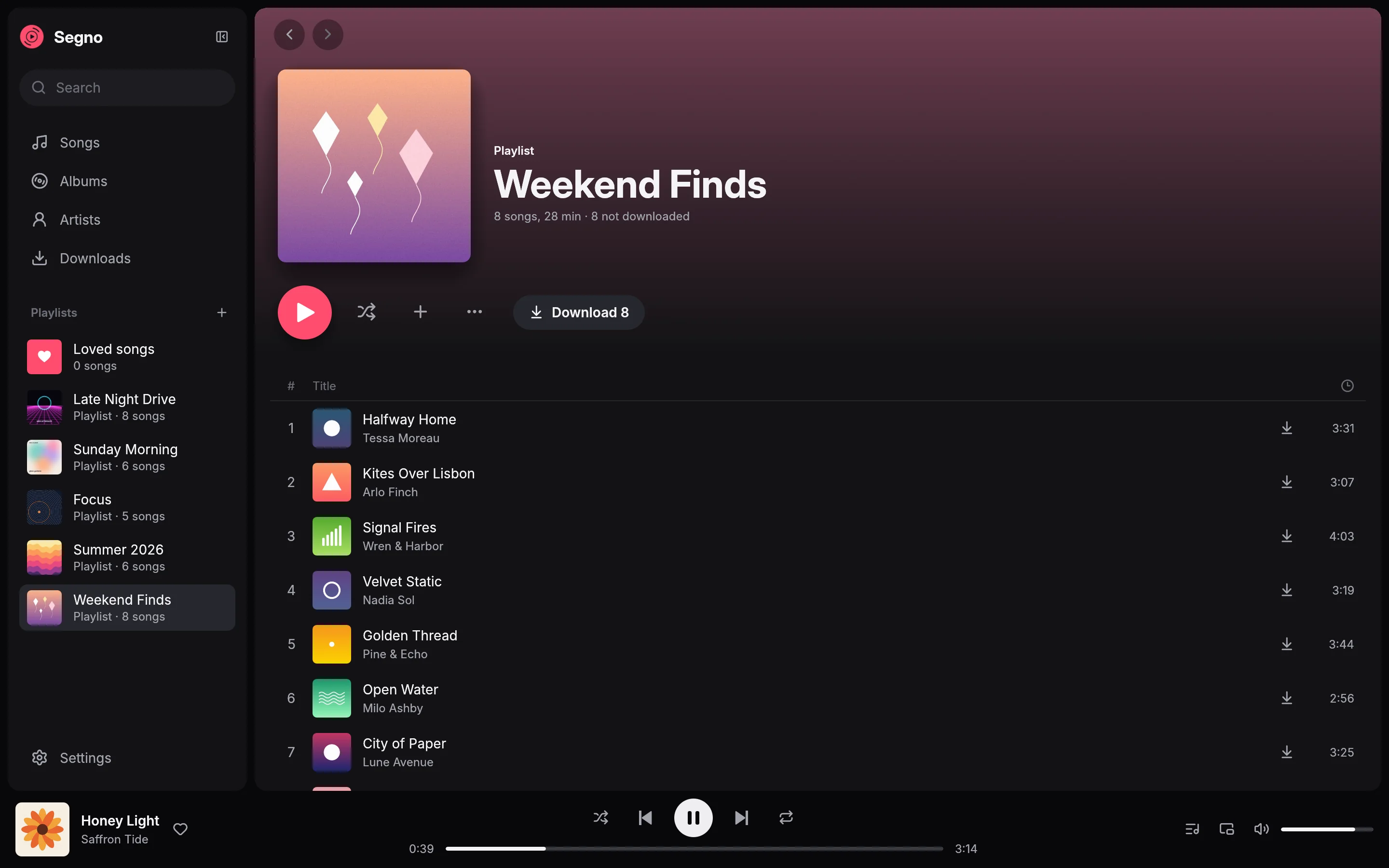 A playlist made from a link, named Weekend Finds: 8 songs, not downloaded yet, with a Download 8 button